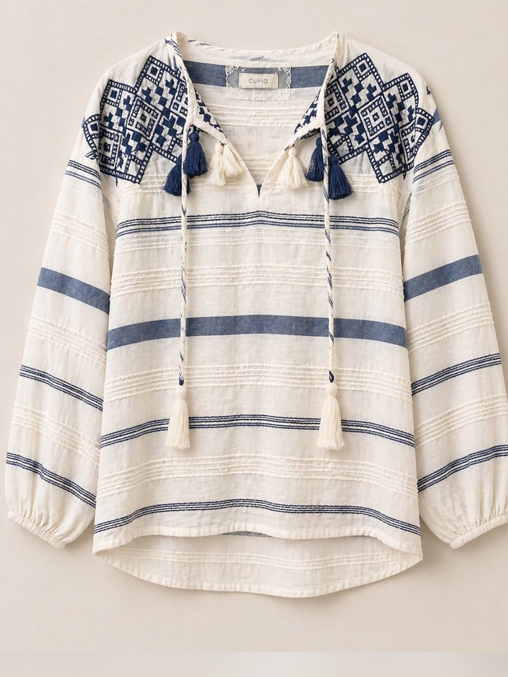 Cupio Ivory and Navy Embroidered Tassel Peasant Blouse Size L